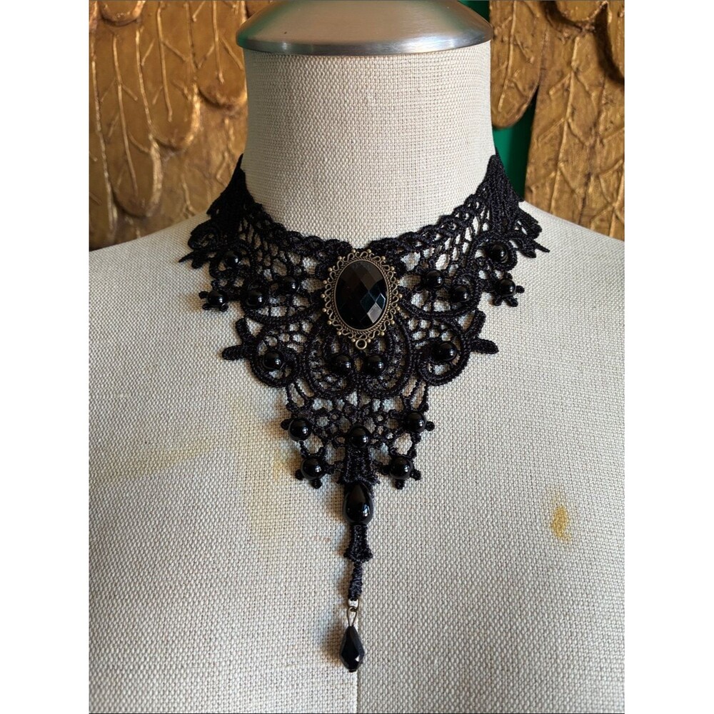 Victorian Gothic Black lace & beads choker necklace Vampire Halloween witchy